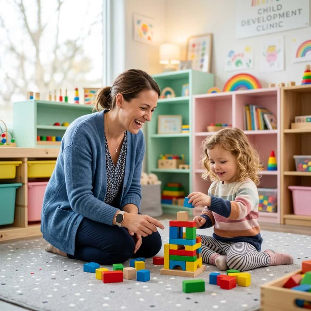 Therapist helping a child in a bright clinic